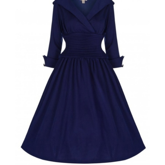 Collared Vintage Style Blue Rockabilly PinUp Dress - Picture 3 of 8